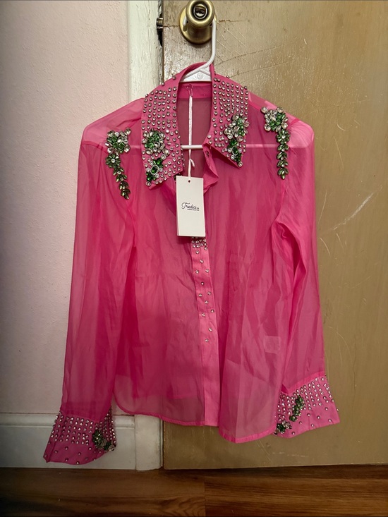 Tredici Tops - Embellished Sheer Pink Button-Down Blouse